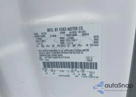 2007 Ford F-150 Stx/Xl/Xlt из США, поврежденный, VIN 1FTRF12207KC71519